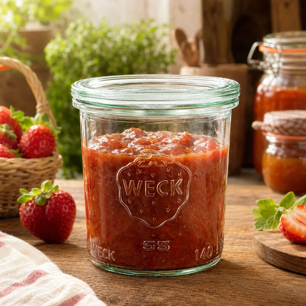 140ml zavařovací sklenice se skleněným víčkem WECK RR60 WECK Einmachglas 140ml RR60 gefüllt mit Erdbeermarmelade auf Holztisch mit frischen Erdbeeren Dekoration