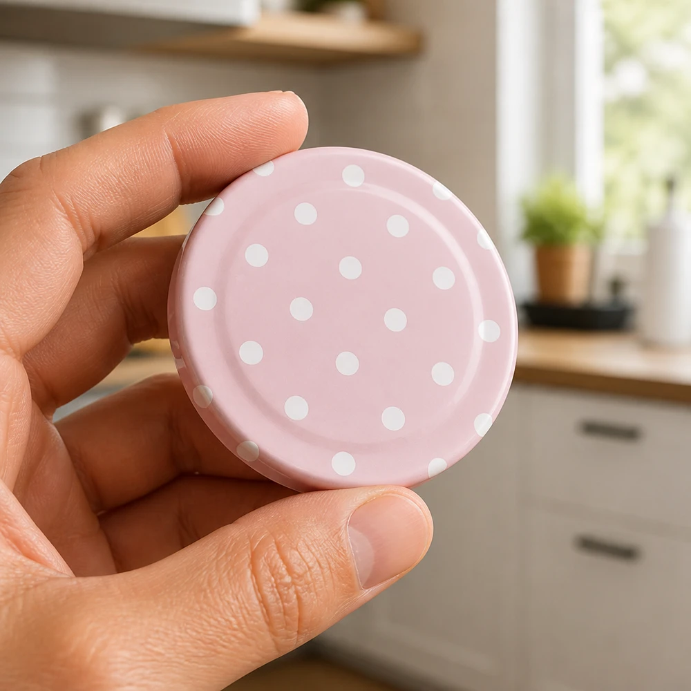 Víčko BasicSeal 58 mm, matně růžové s bílými tečkami, v kuchyni držené v ruce
