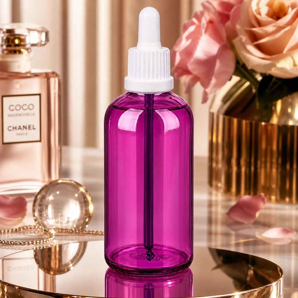100ml pipetovací láhev bílá Originality šroubovací uzávěr PurpleLine UT18/100 Purpurfarbene 100ml Glasflasche mit weißer Pipette für Laboranwendungen und Messungen