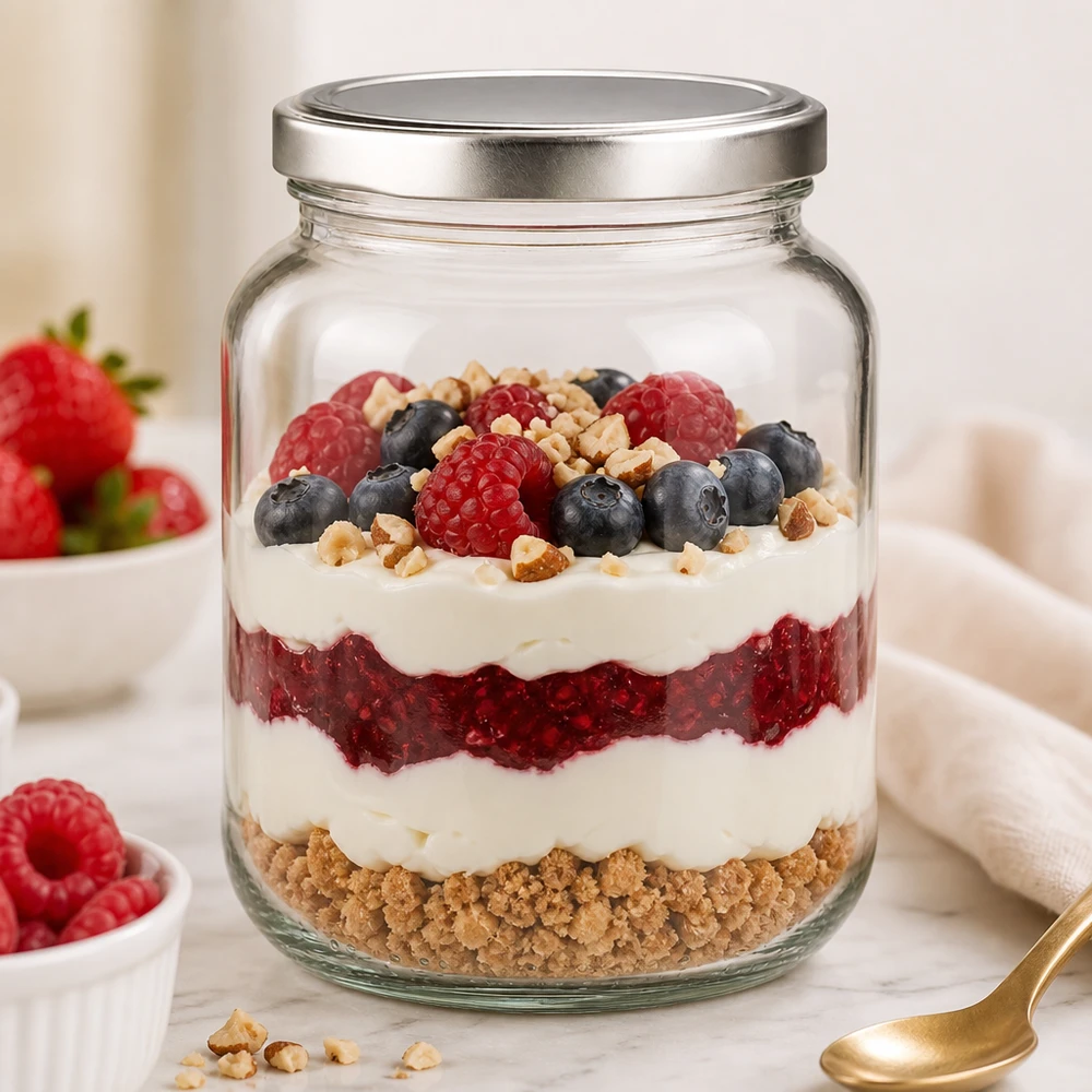 370ml oválná skleněná nádoba s víčkem BasicSeal stříbrná UNiTWIST. 370ml Ovalglas BasicSeal als stylischer Dessertbehälter für geschichtetes Beerentrifle mit Joghurt und Nüssen