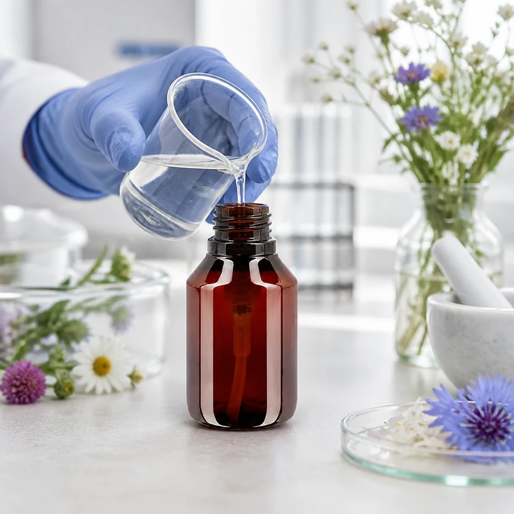 Nachfüllbare 50ml PET Flasche mit weisser Pumpe für präzise Dosierung flüssiger Extrakte