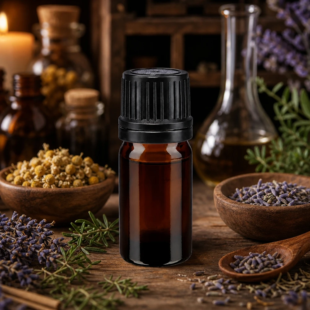 Lékárenská láhev hnědá 5ml šroubovací uzávěr černý nalévací kroužek nedovolená manipulace s uzávěrem. Braune 5ml Flasche aus hochwertigem Apothekenglas mit 8mm Originalitätsverschluss schwarz