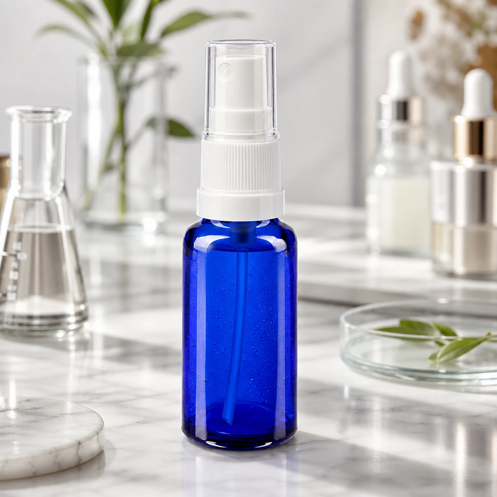 Lékárenská lahvička modrá 20ml s rozprašovacím nástavcem bílá Blauer UV-Schutz Glasbehälter 20ml mit transparenter Kappe für empfindliche Wirkstoffe