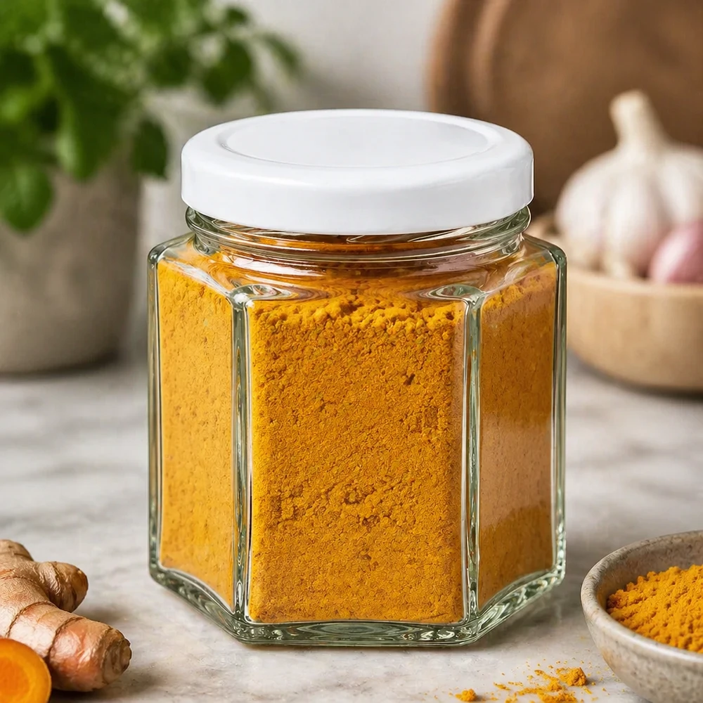 47ml šestihranná sklenice s víčkem BasicSeal bílá UNiTWIST 47ml Hexagon Glasgefäß mit weißem Deckel gefüllt mit Kurkuma Pulver in natürlicher Küchenumgebung mit Ingwer