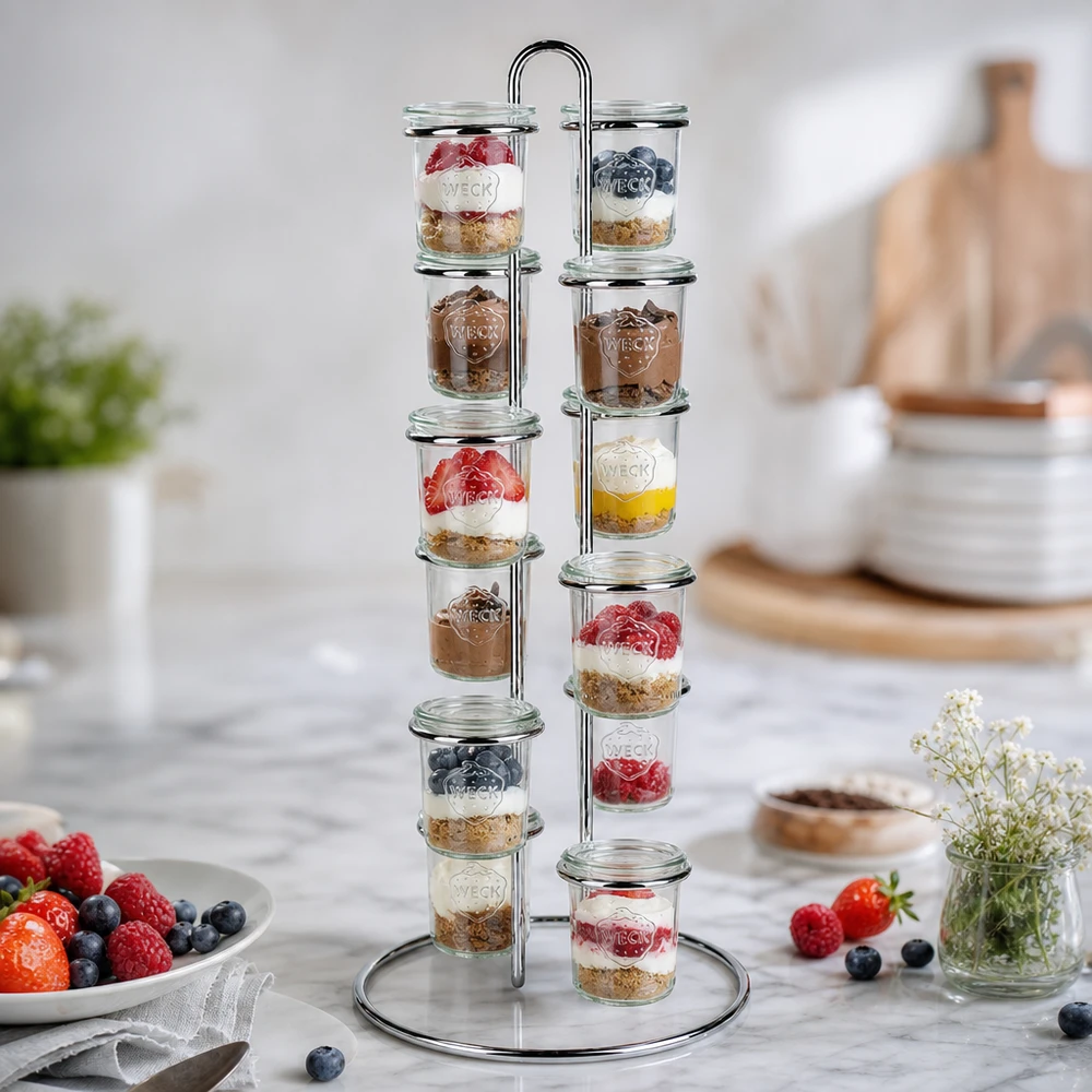 Servírovací stojan Vertico12 na 12 kelímků WECK. Dessert-Präsentation mit WECK Vertico12 Serviergestell zeigt 12 Gläser mit Joghurt Beeren und Granola auf Küchentheke