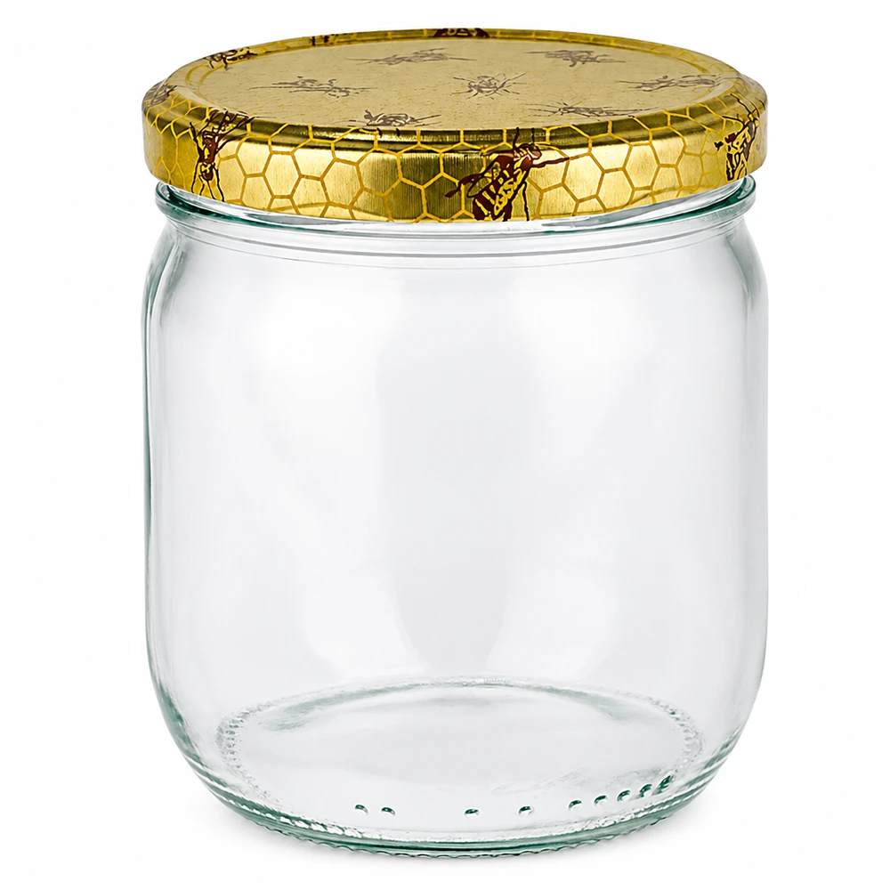 Leeres 500g Honigglas mit goldenem Bienenwaben-Schraubdeckel für Imkerei und Honigabfüllung