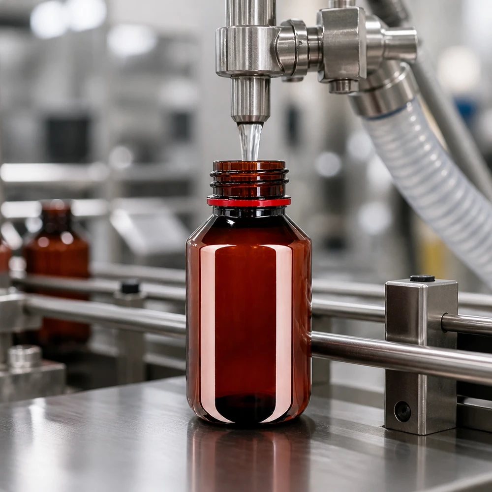 PET láhev 100 ml s bílým/červeným uzávěrem s ochranou proti manipulaci Automatická plnicí linka plní hnědou PET láhev o objemu 100 ml s červeným bezpečnostním kroužkem