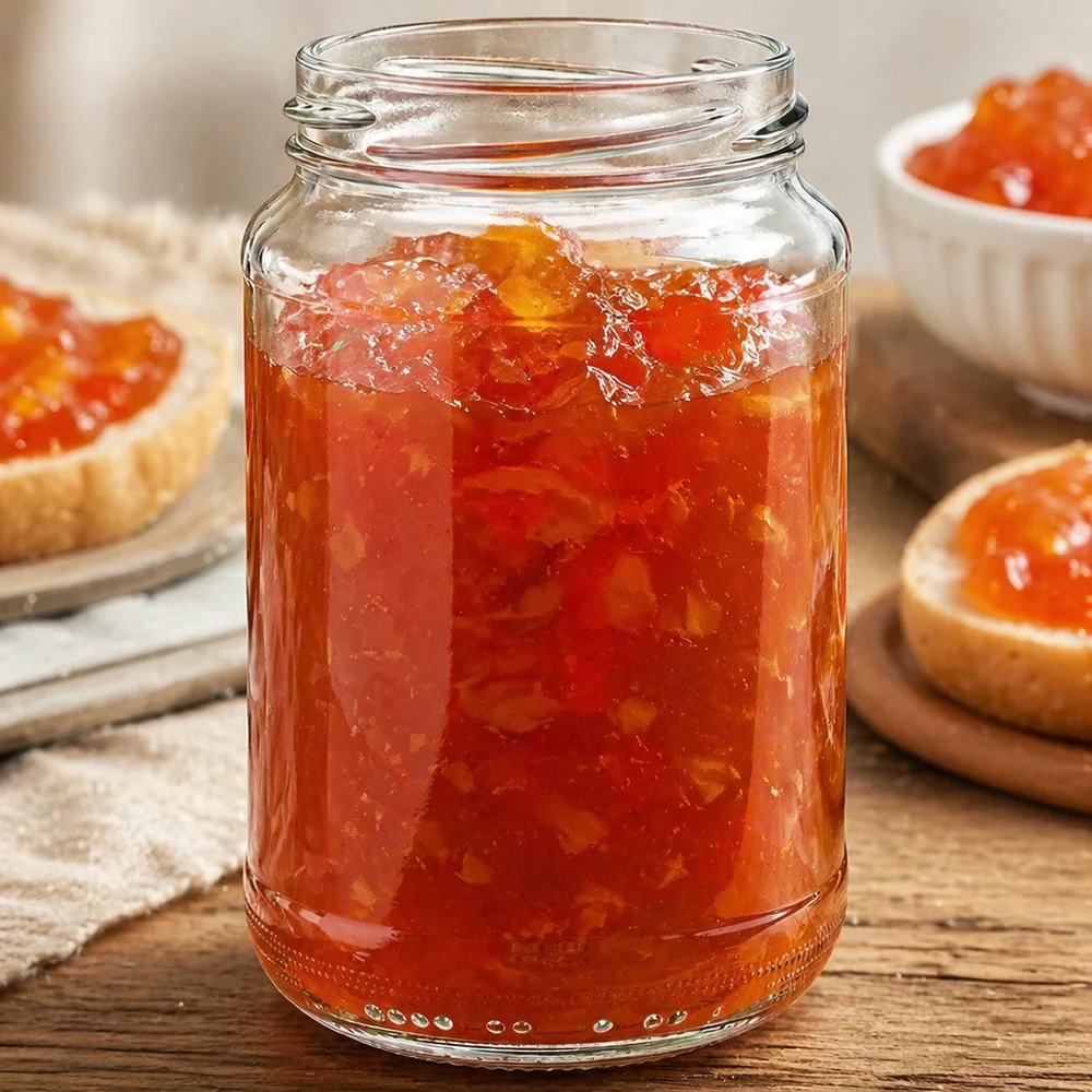 Kulatá sklenice o objemu 375 ml bez víčka (TO63) UNiTWIST UNiTWIST Runda375 Rundglas 375ml gefüllt mit hausgemachter Orangenmarmelade auf Holztisch neben Marmeladenbrot