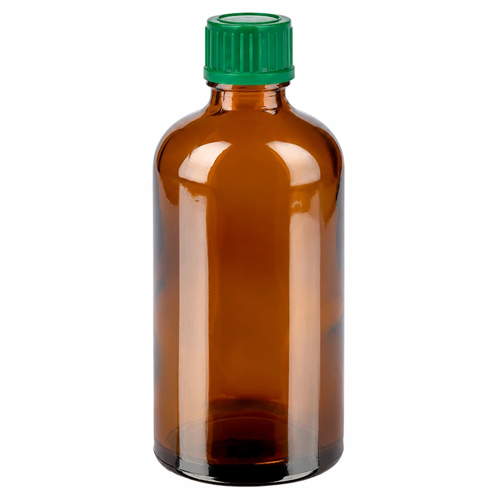 Hochwertige braune 100ml Glasflasche mit grünem Deckel für Laborbedarf
