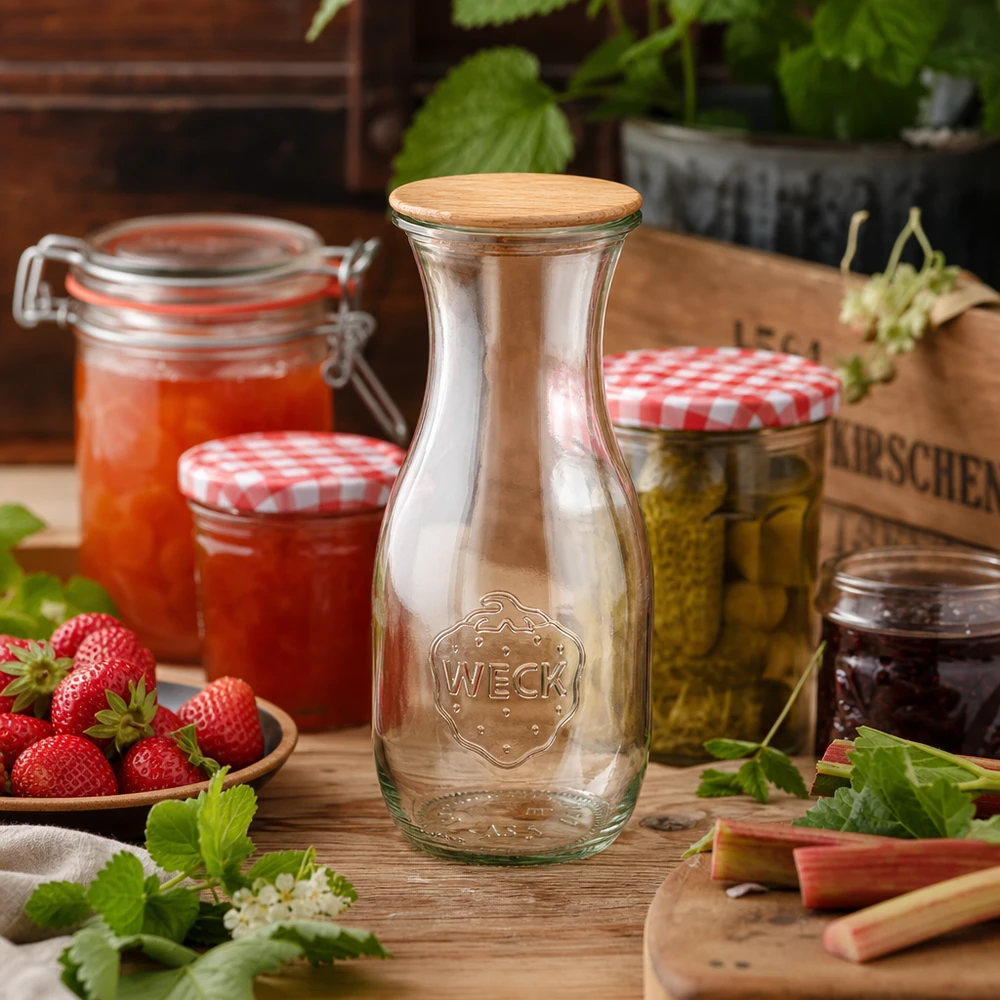 WECK Glasflasche 530ml RR60 mit Holzdeckel in rustikaler Küche neben Marmelade Erdbeeren und Einmachgläsern