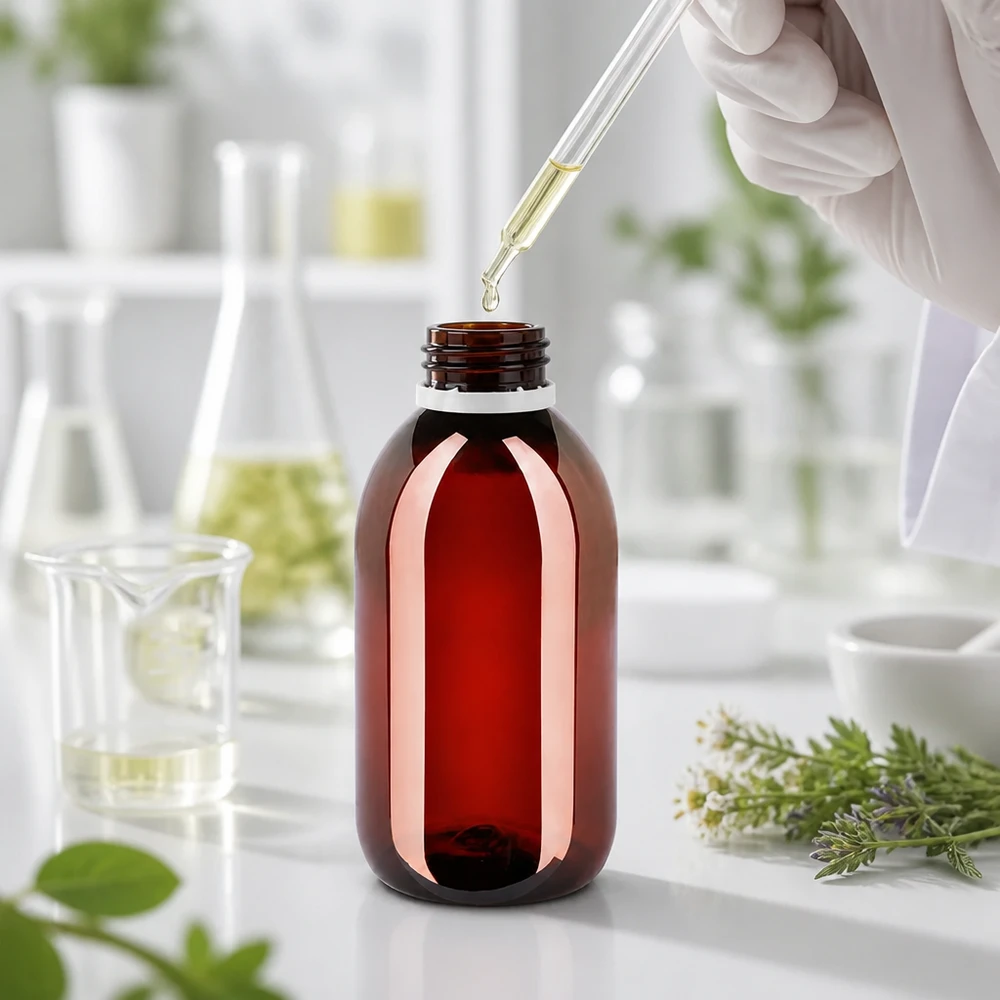Lékárnická lahvička 250 ml, hnědá, s bílým dětským bezpečnostním uzávěrem pro éterické oleje