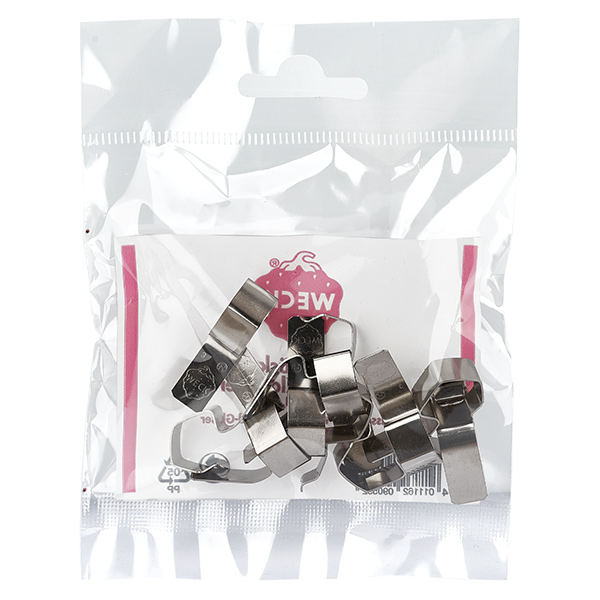 Svorky Original WECK (balení s 12 kusy) WECK Klammern 12 Stück Edelstahl in geöffneter Verpackung sichtbar Einweckklammern für Rundrand Gläser Original