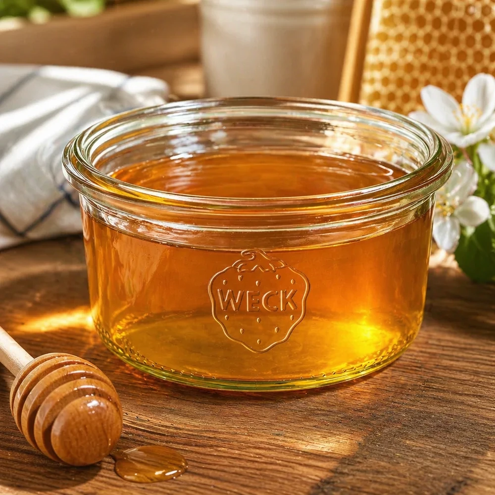 165ml tumble nádoba WECK RR80 se silikonovým silikonem. 165ml WECK Sturzglas RR80 mit Honig gefüllt auf Holztisch mit Honiglöffel und Bienenwabe im Hintergrund