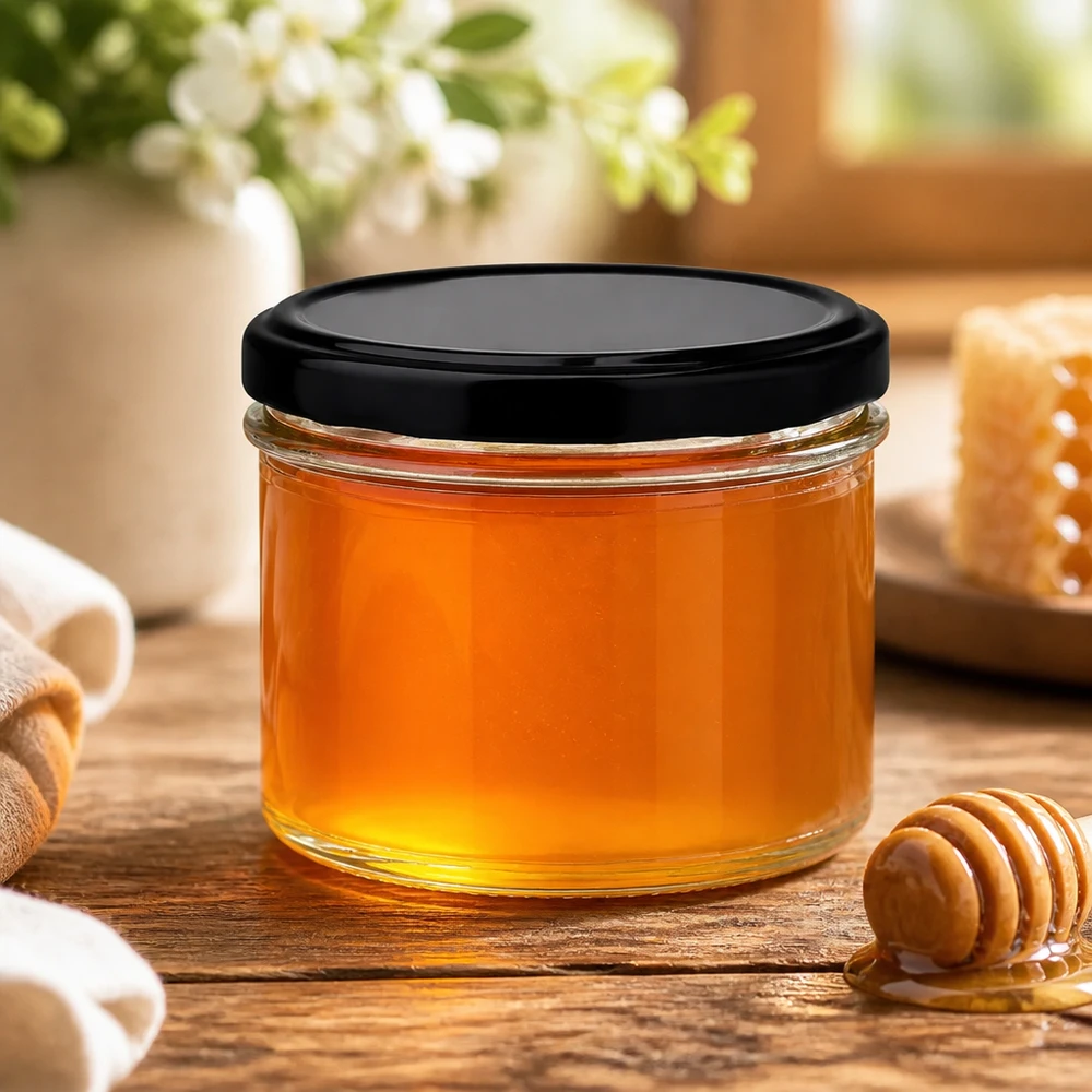 225ml kelímky s víčkem BasicSeal černé UNiTWIST 225ml Sturzglas mit schwarzem Deckel gefüllt mit goldenem Honig auf Holztisch mit Honiglöffel - perfekt für Honigabfüllu