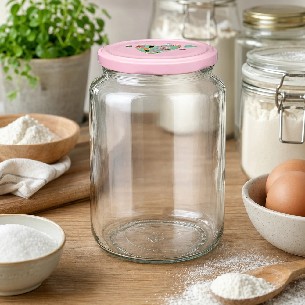 795ml kulatá sklenice + víčko BasicSeal srdíčková růžová UNiTWIST Leeres Rundglas 795ml mit rosa BasicSeal Deckel in Küchenszenerie zwischen Backzutaten Mehl und Eiern auf Holzbrett