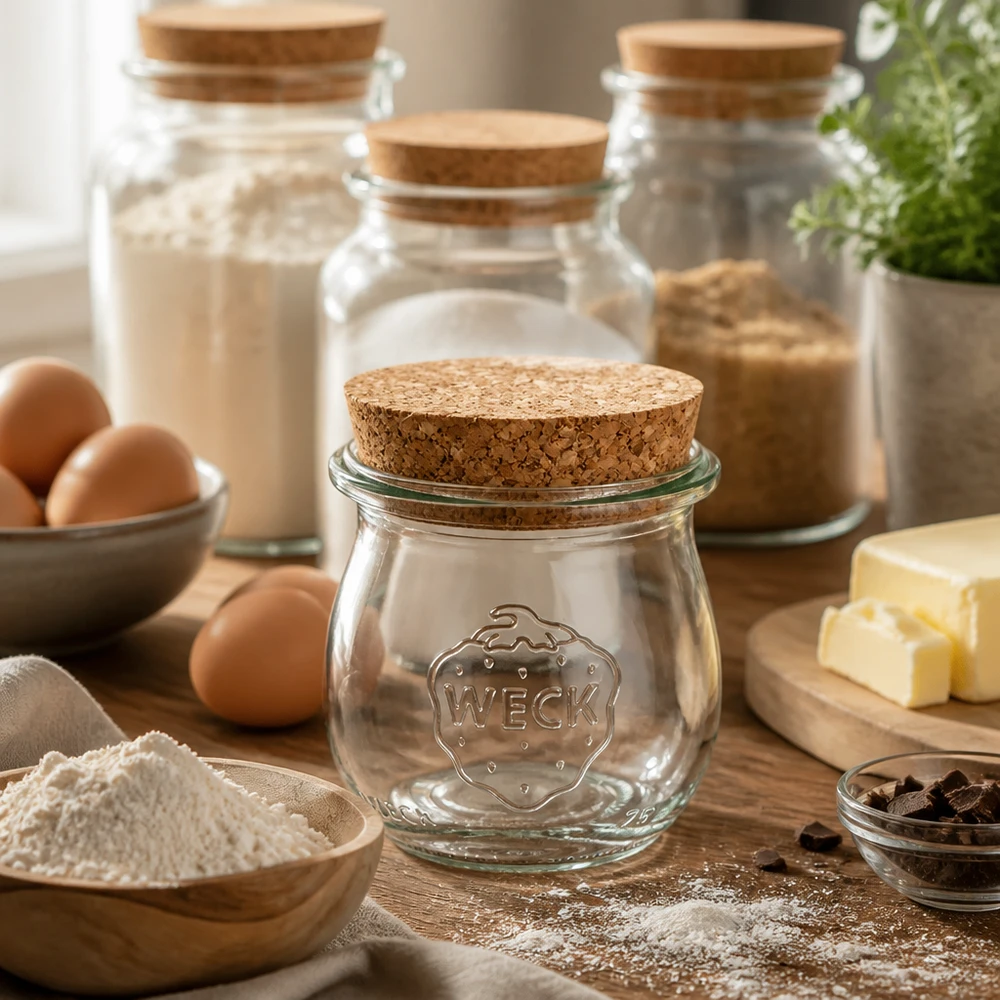 75ml tulipánová sklenice WECK RR40 s korkem přírodní WECK Tulpenglas 75ml RR40 mit Korkverschluss in rustikaler Küchenszene mit Eiern Mehl Butter und Backzutaten