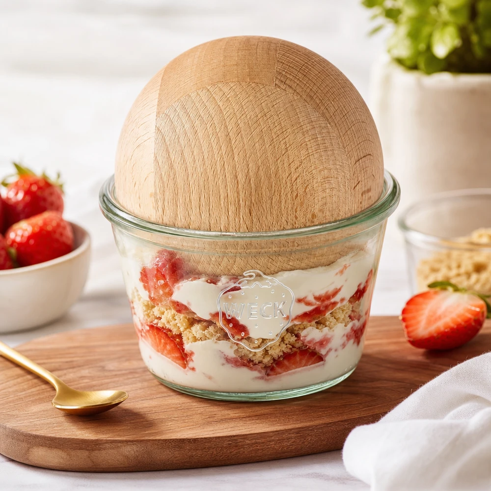 370ml tumblery WECK RR100 s dřevěnou kuličkou z bukového dřeva. WECK Sturzglas 370ml RR100 mit Erdbeerdessert gefüllt Buchenkugel Deckel Schichtdessert Nachspeise servieren