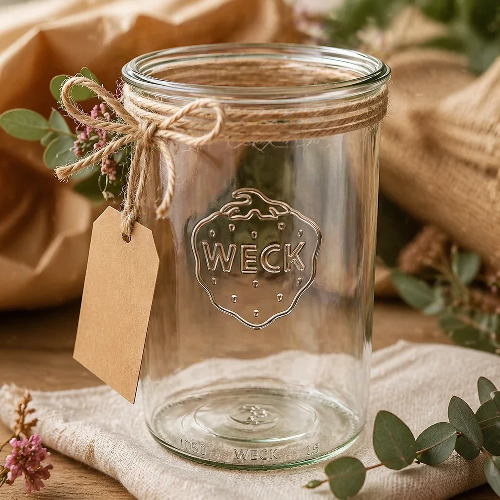 1000ml tumblery WECK RR100 s dřevěným dřevem - 1000ml tumblery WECK RR100 s dřevěným dřevem 1000ml WECK Sturzglas RR100 Einmachglas mit Juteschnur und Anhänger auf rustikalem Holztisch dekoriert