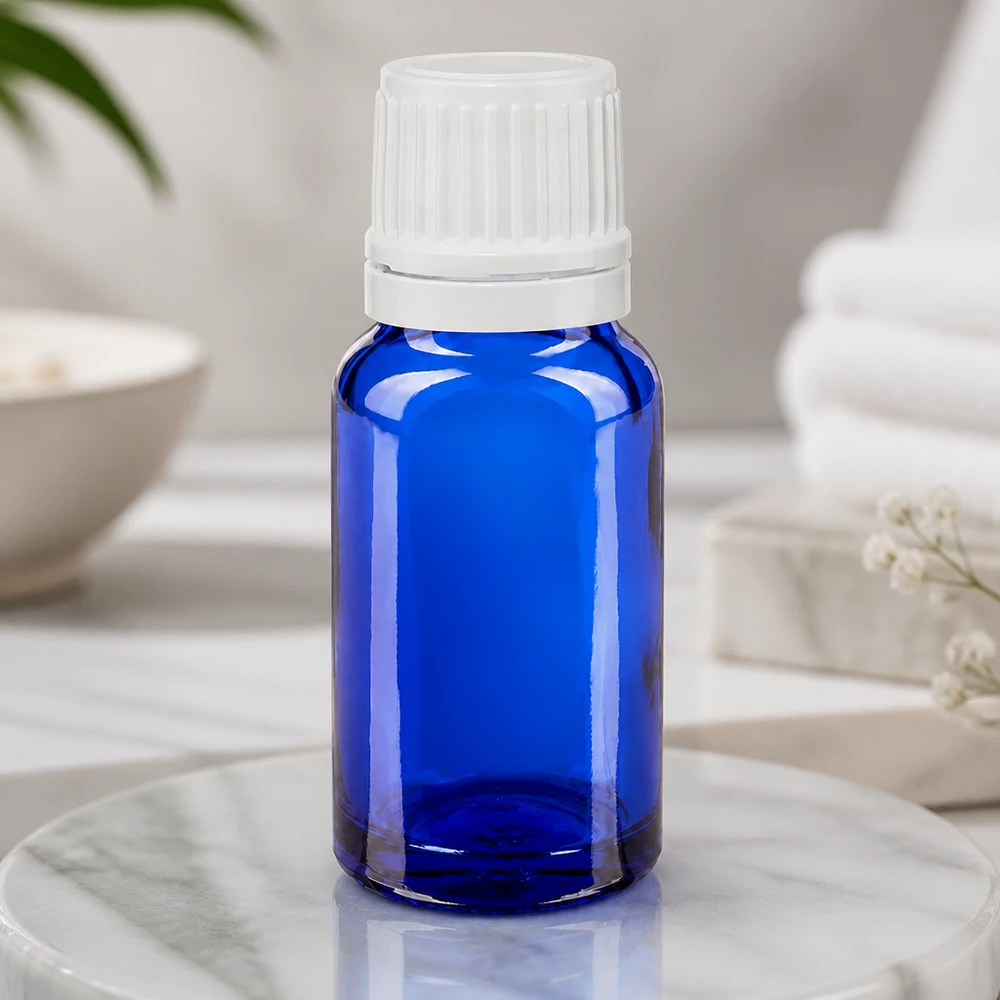 Lékárenská láhev modrá 10ml šroubovací uzávěr bílý uzávěr proti neoprávněné manipulaci. Hochwertige 10ml Flasche aus blauem Apothekerglas mit manipulationssicherem OV-Verschluss
