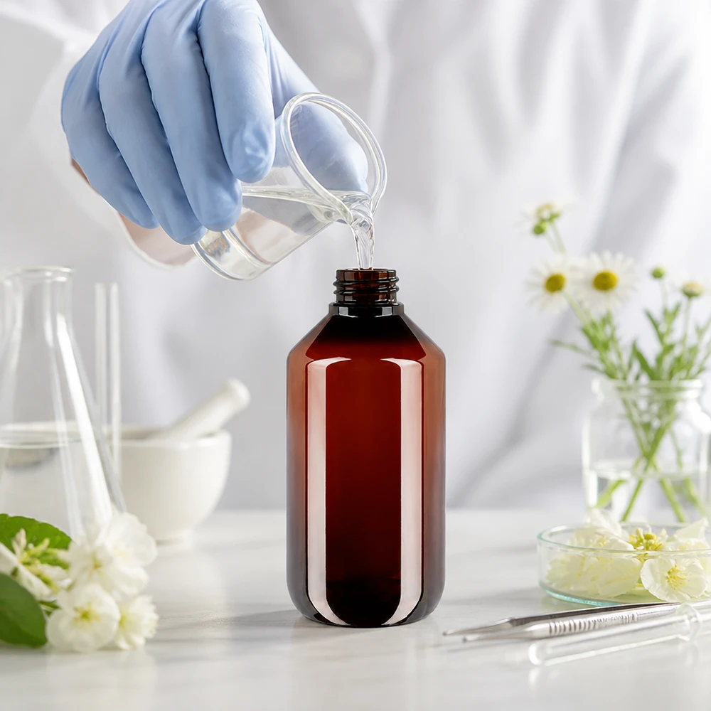 PET láhev 200ml se standardním bílým uzávěrem s pojistkou proti manipulaci PET láhev s ochranou proti světlu, 200 ml, hnědá s bílým vnějším obalem, pro tekutou přírodní kosmetiku