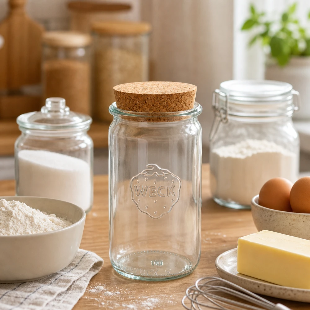 340ml válcová sklenice WECK RR60 s korkem přírodní WECK Einmachglas 340ml RR60 mit Korken zwischen Backzutaten Mehl Butter Eiern als praktisches Küchen Vorratsglas