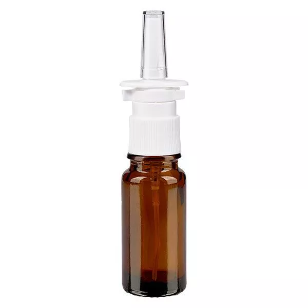 Lékárenská lahvička hnědá 10ml nosní rozprašovač bílý stř. Lékárenská lahvička hnědá 10ml nosní rozprašovač bílý stř.