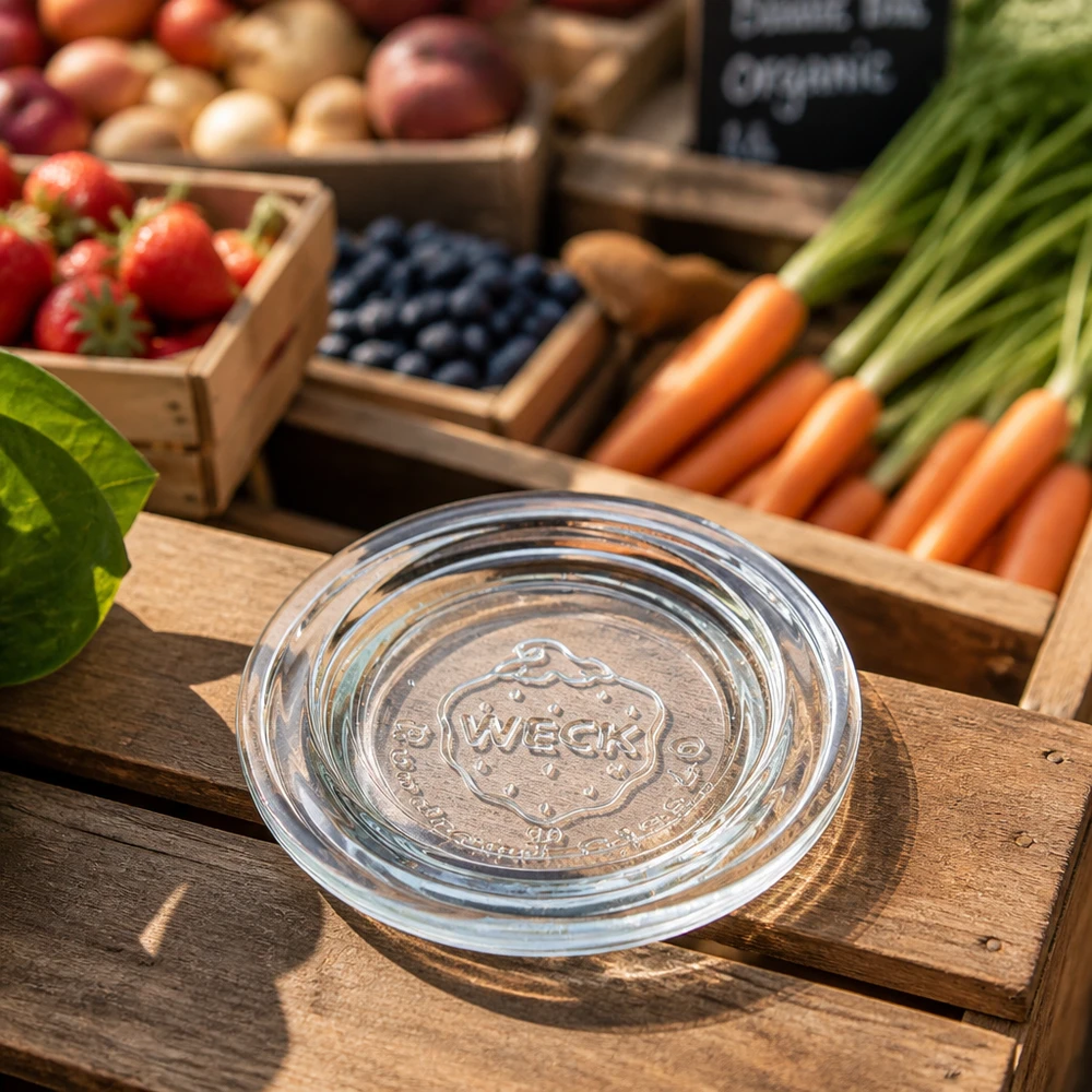 WECK Glasdeckel RR40 auf Holztisch in Marktatmosphäre mit frischem Obst und Gemüse im Hintergrund