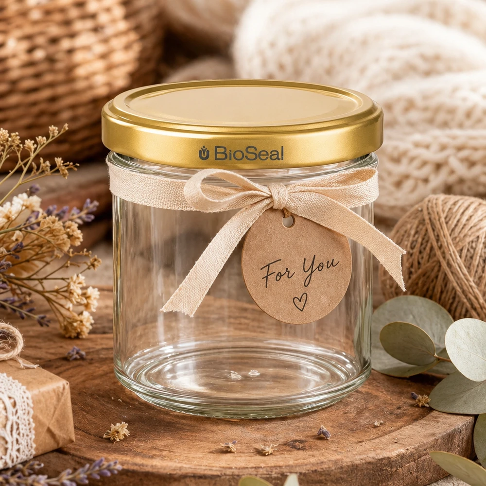 200g Honigglas leer BioSeal goldener Deckel als Geschenk dekoriert mit Schleife und For You Anhänger