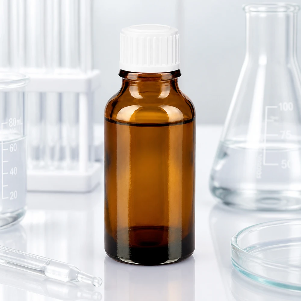 Kompakte Braunglas Apoflasche 20ml mit weißem 11mm Verschluss neben Glaslaborbedarf