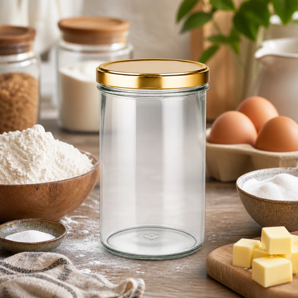277ml tumblery s víčkem BasicSeal zlaté UNiTWIST s bezpečným uzávěrem. 277ml Sturzglas mit goldenem Deckel in Küche mit Backzutaten Mehl Eier Butter als Vorratsglas für Backen