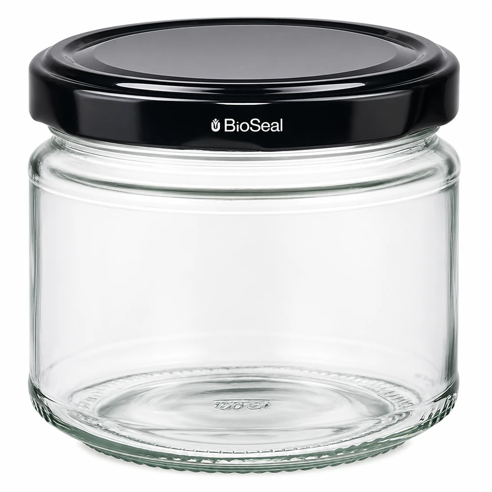 Kulatá sklenice 330 ml + víčko BioSeal černé UNiTWIST UniTWIST Runda330 Einmachglas mit schwarzem TO82 BioSeal Deckel Glaskonserve Aufbewahrung Küche