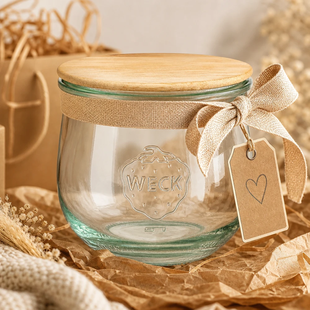 370ml tulipánová sklenice WECK RR80 s dřevěným víčkem WECK RR80 370ml Tulpenglas als Geschenkverpackung mit Juteschleife und Anhänger auf natürlichen Dekormaterialien
