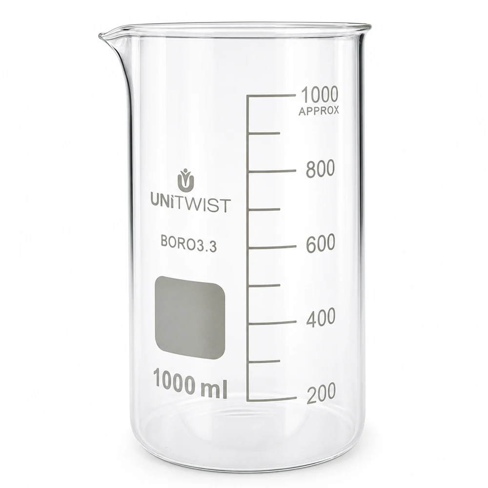 Kádinka 1000 ml borosilikátová, vysoká forma UNiTWIST Klares hitzebestaendiges Becherglas 1000ml hohe Form mit Schreibfeld und Messskala UNITWIST