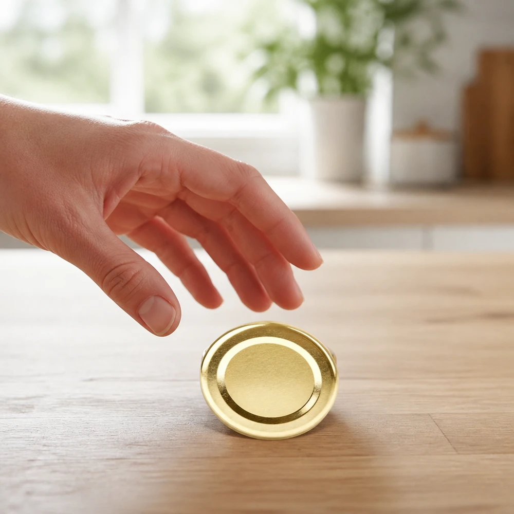 48mm víko BasicSeal zlaté (TO48) UNiTWIST Ruka sahá po zlatém víčku BasicSeal TO48 48 mm UniTwist na dřevěném stole