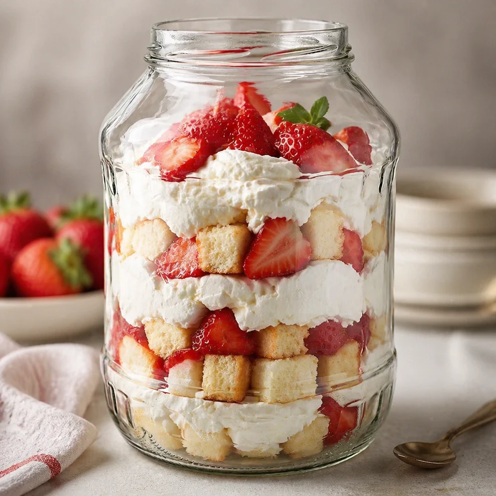 Kulatá nádoba o objemu 2650 ml bez víčka (TO100) UNiTWIST UNiTWIST Runda2650 Sturzglas 2650ml mit Schichtdessert aus Erdbeeren Sahne und Kuchenstücken TO100 Gewinde Dessertglas