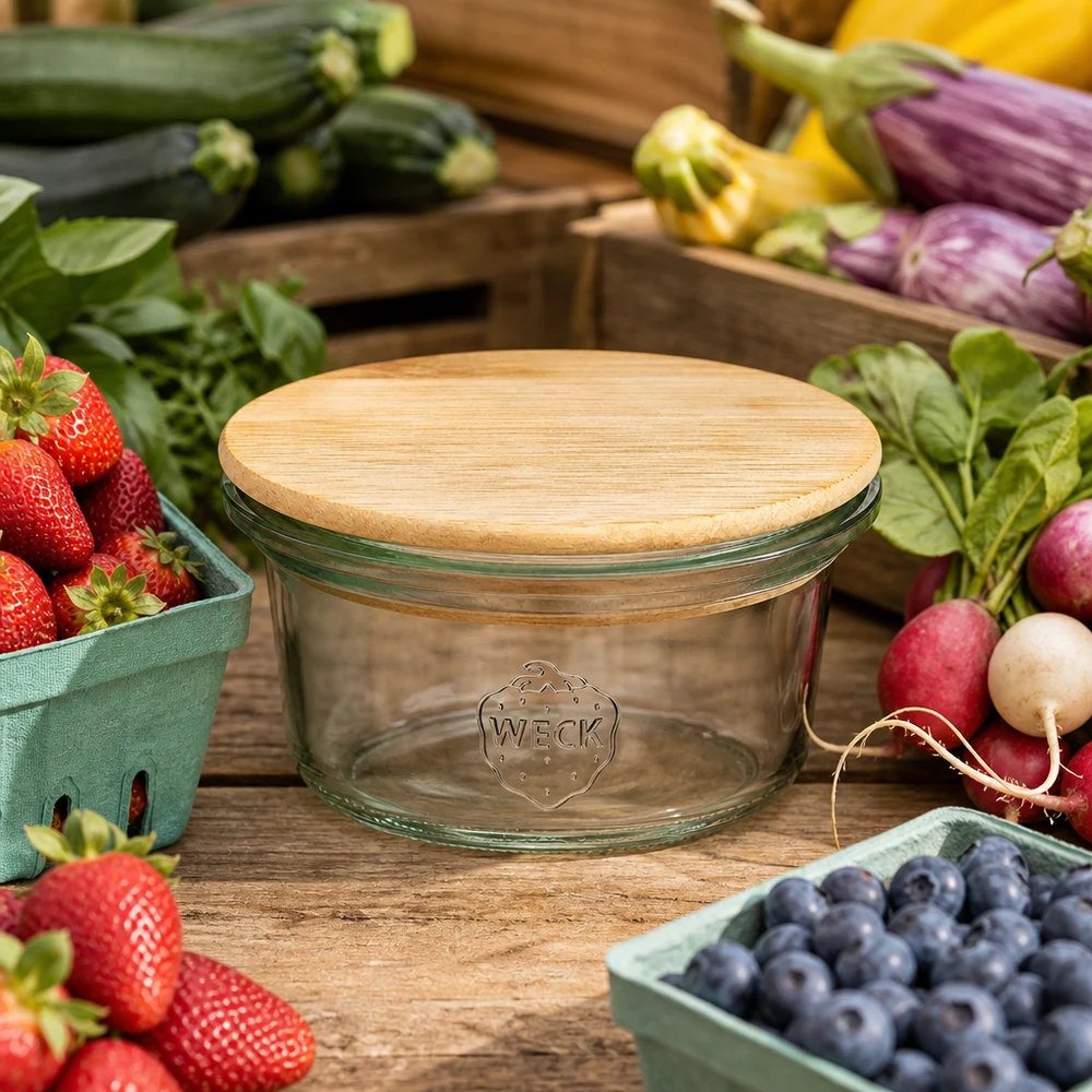 WECK Mini Sturzglas 50ml mit Bambusdeckel umgeben von frischem Obst und Gemüse auf Holztisch im Farmhouse-Stil