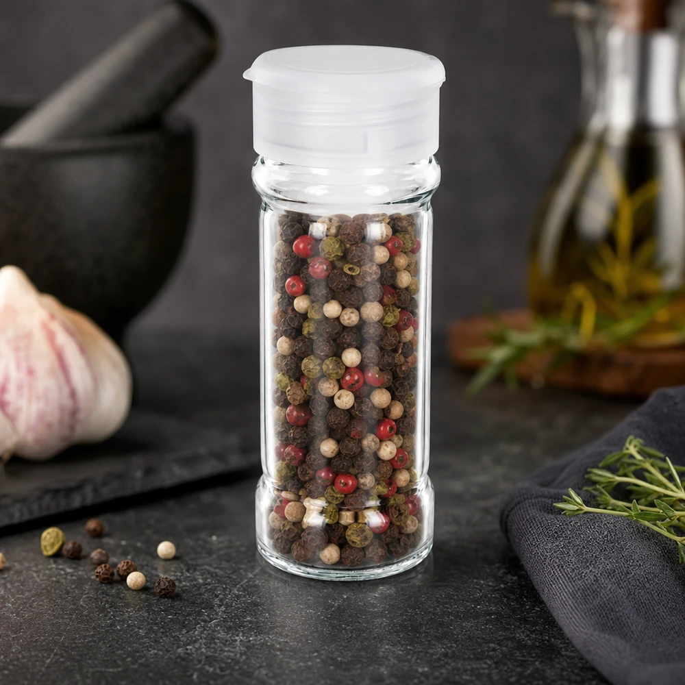 Dóza na sůl/koření 100ml s šejkrem bílá Gewürzglas 100ml aus klarem Glas mit weißem Streueraufsatz und buntem Pfeffermix