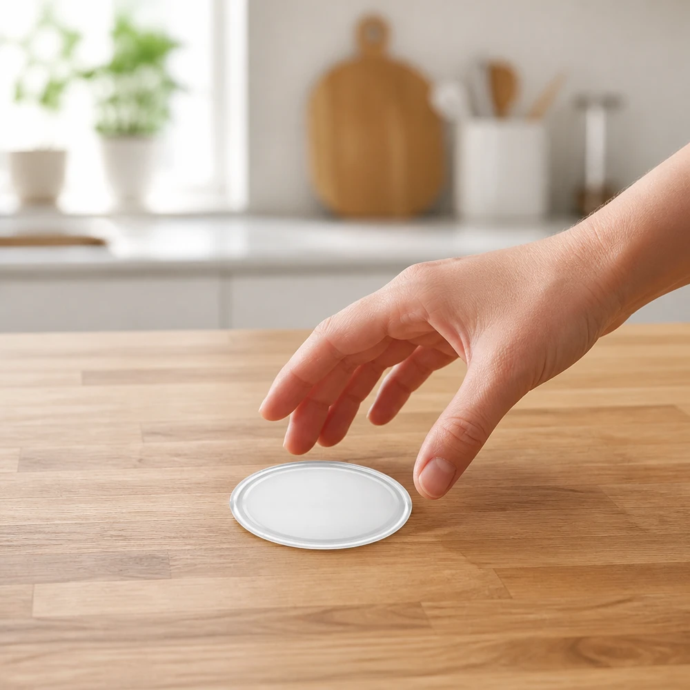 66mm víko BasicSeal bílé (TO66) UNiTWIST Bílé víčko BasicSeal 66 mm TO66 UNiTWIST leží naplocho na dřevěné pracovní desce v moderní kuchyni