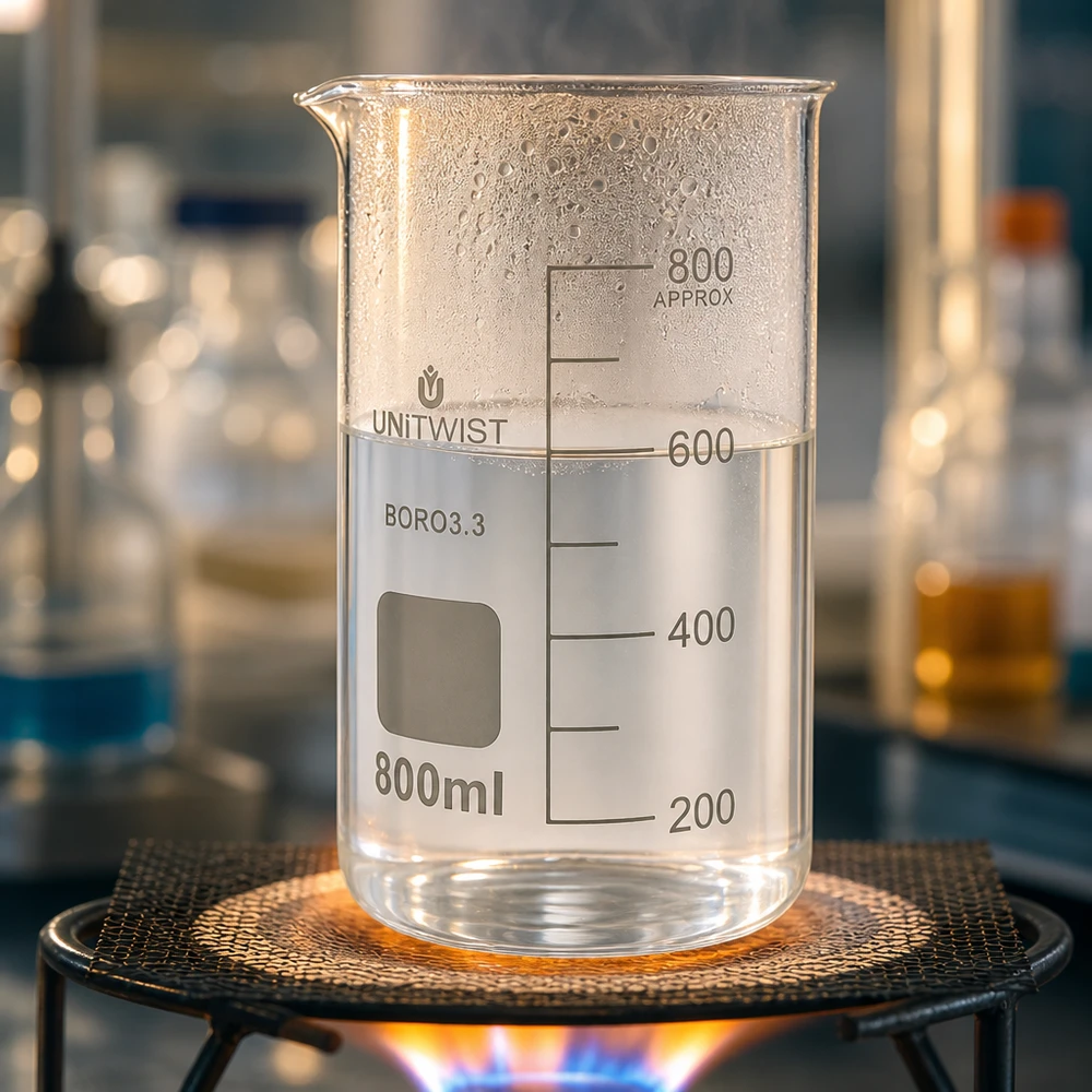 Kádinka 800 ml borosilikátová, vysoká forma UNiTWIST Becherglas hohe Form 800ml aus BORO3.3 Glas auf Laborbrenner mit 600ml Füllstand klarem Wasser