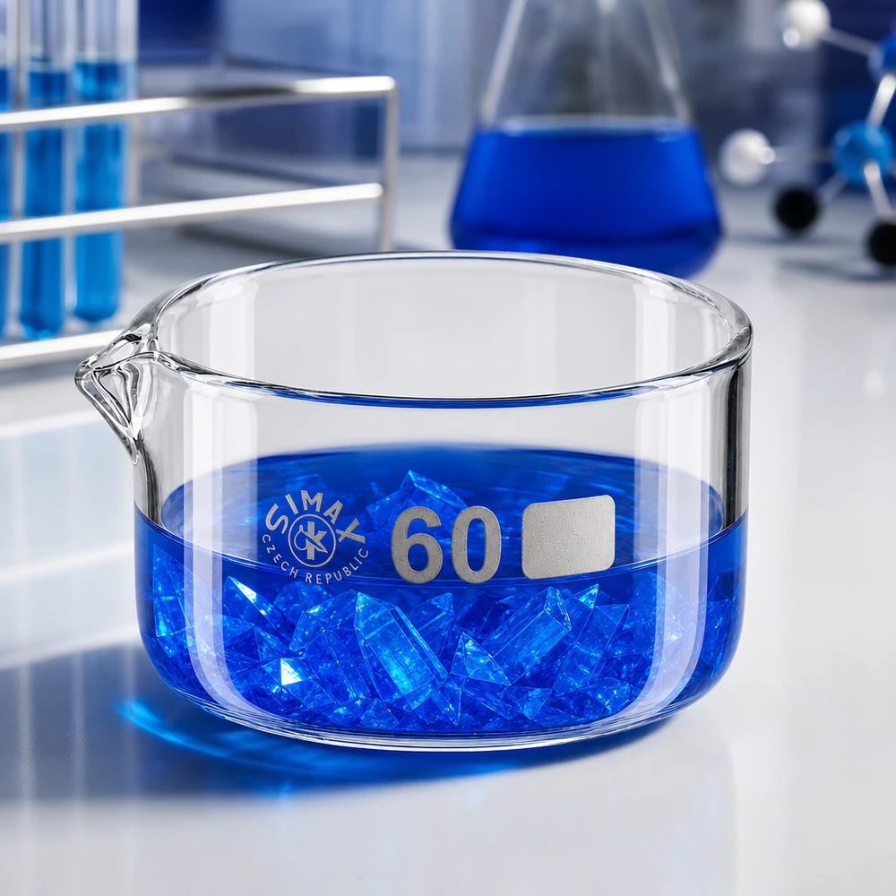 60ml krystalizační miska s borosilikátovou výlevkou ø60mm Laborschale 60ml Kristallisation blau Ausguss Glasgefäß niedrige Bauform Simax Czech Republic
