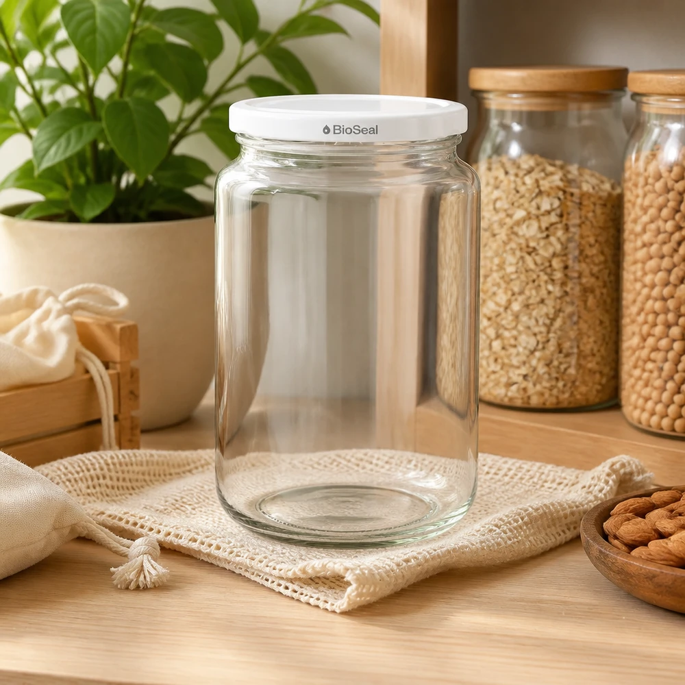 UNiTWIST Runda382 s bílým víčkem TO66 BioSeal UNiTWIST Runda382 Einmachglas in Küchen-Ambiente - leeres Glasgefäß mit weißem BioSeal Deckel neben Vorratsgläsern