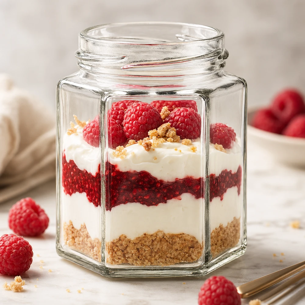 Šestihranná sklenice o objemu 196 ml bez víčka (TO58) UNiTWIST UNiTWIST Hexa196 sechseckiges Glas 196ml mit Schichtdessert aus Beeren Joghurt und Kekskrümeln gefüllt