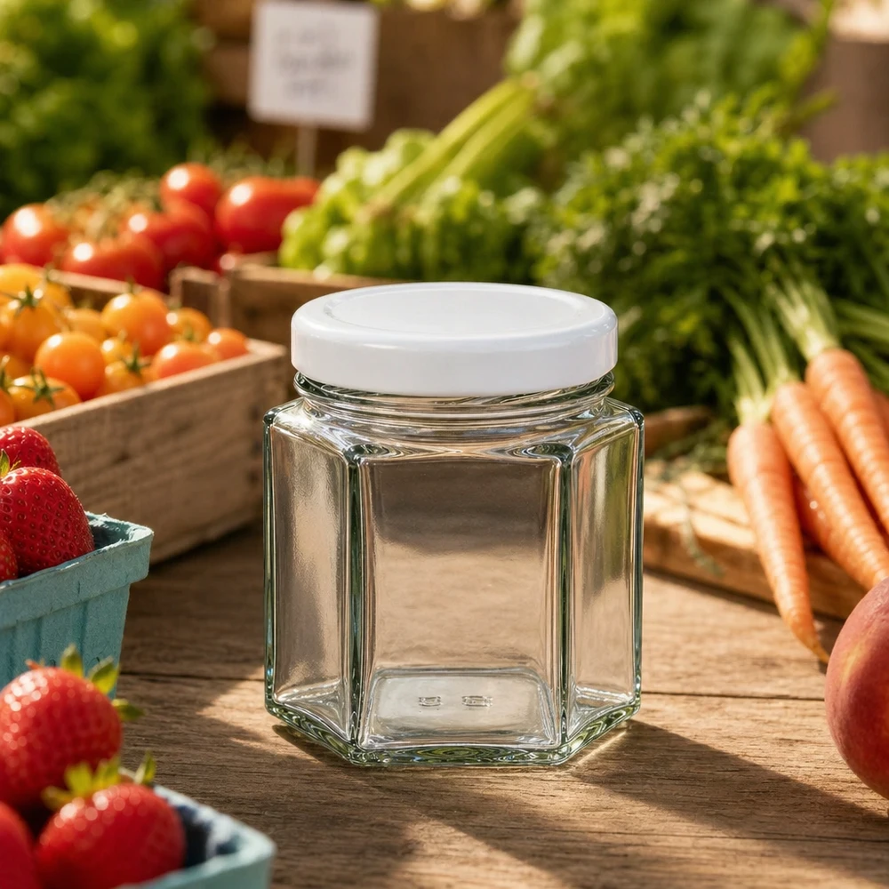 47ml šestihranná sklenice s víčkem BasicSeal bílá UNiTWIST 47ml Hexaglas mit BasicSeal Deckel auf Holztisch umgeben von frischem Marktgemüse - ideal für Gewürze und Kräuter