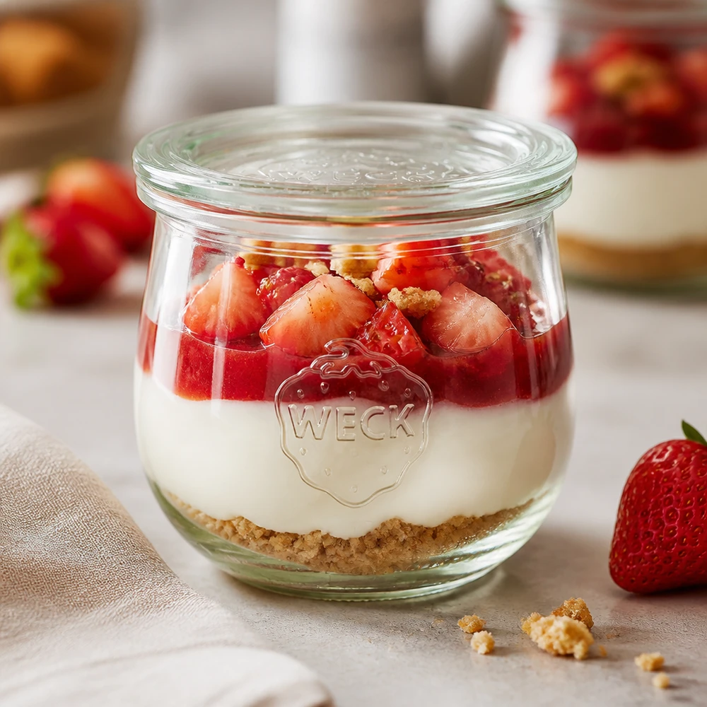 370ml tulipánová sklenice se skleněným víčkem WECK RR80 WECK Tulpenglas 370ml RR80 mit geschichtetem Erdbeer-Dessert und Keksboden als Nachspeise im Glas serviert
