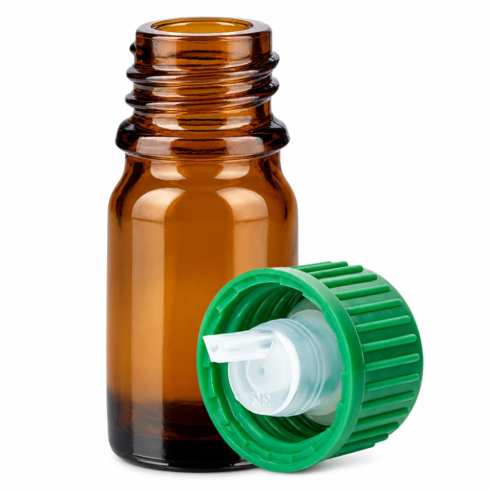 5ml lahvička s kapátkem 0,8 mm zelená standardní uzávěr BrownLine UT18/5 Bernsteinfarbene 5ml Tropfflasche mit grünem Schraubdeckel für lichtempfindliche Substanzen
