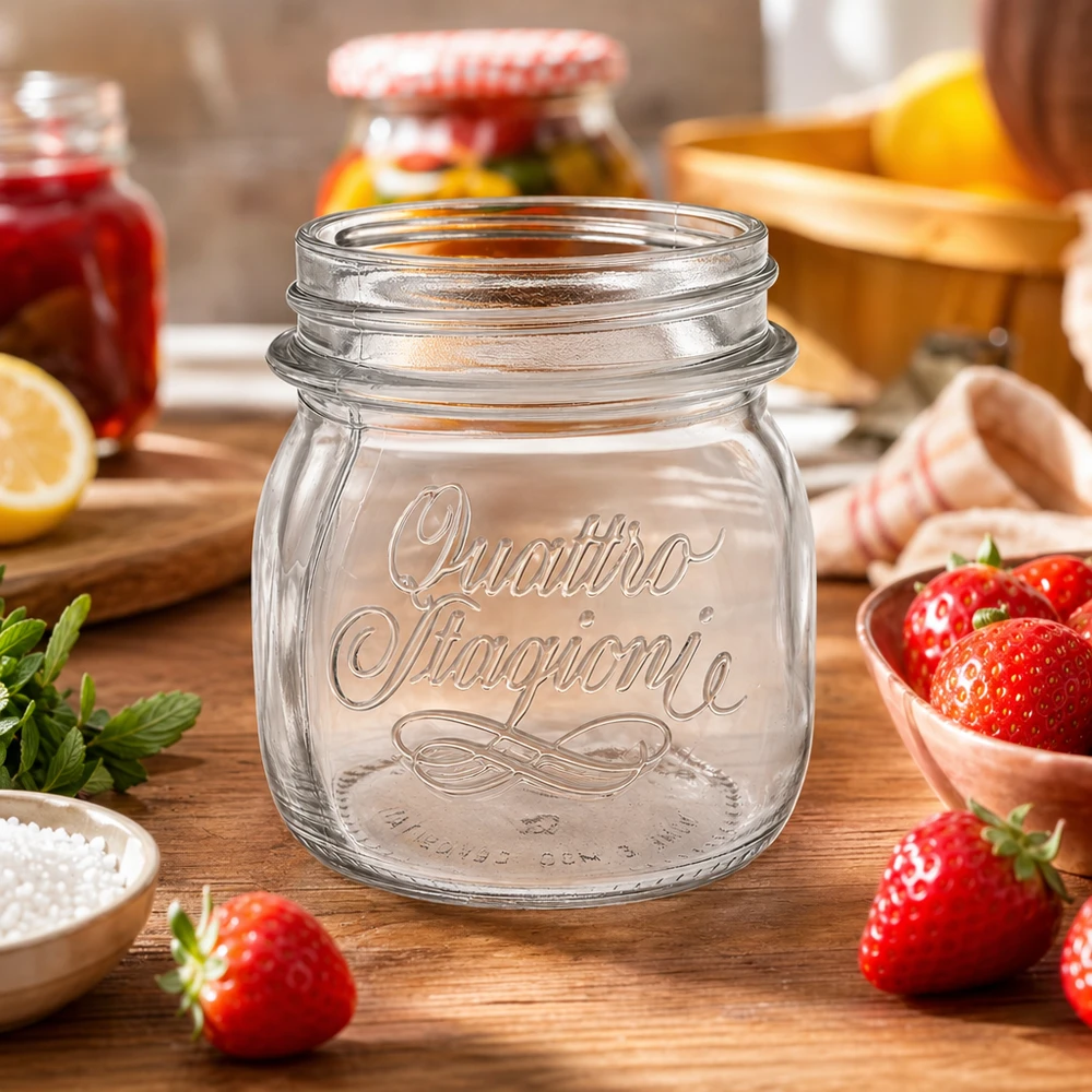 250ml Quattro Stagioni Einmachglas auf Holztisch mit frischen Erdbeeren und Küchenutensilien für Konservierung