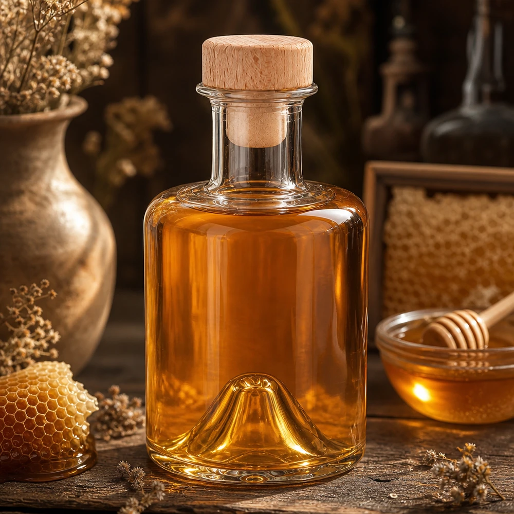 200ml Glasflasche Sofia mit Holzkorken gefüllt mit Honig in rustikaler Küche neben Bienenwabe und Honigtopf