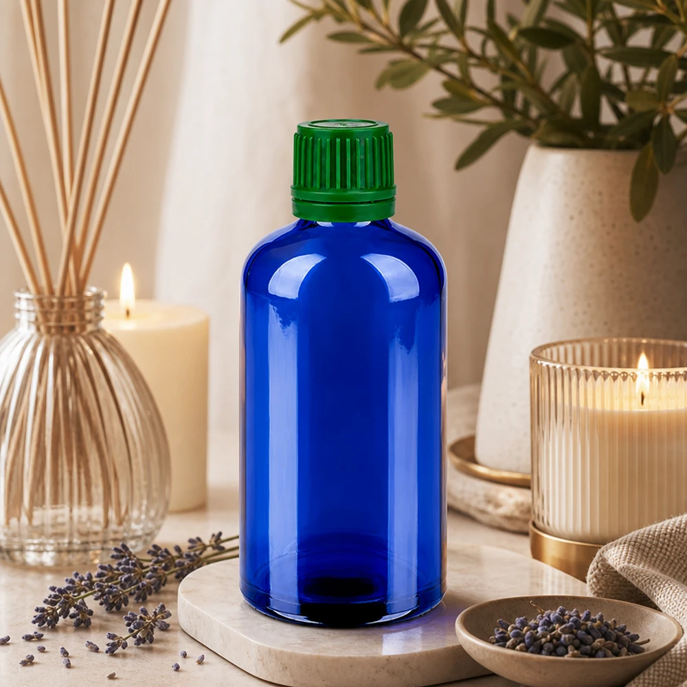 100ml láhev 11mm šroubovací uzávěr zelený uzávěr s ochranou proti manipulaci BlueLine UT18/100 Recycelbare Glasflasche 100ml in Kobaltblau mit kindersicherem grünem Schraubverschluss