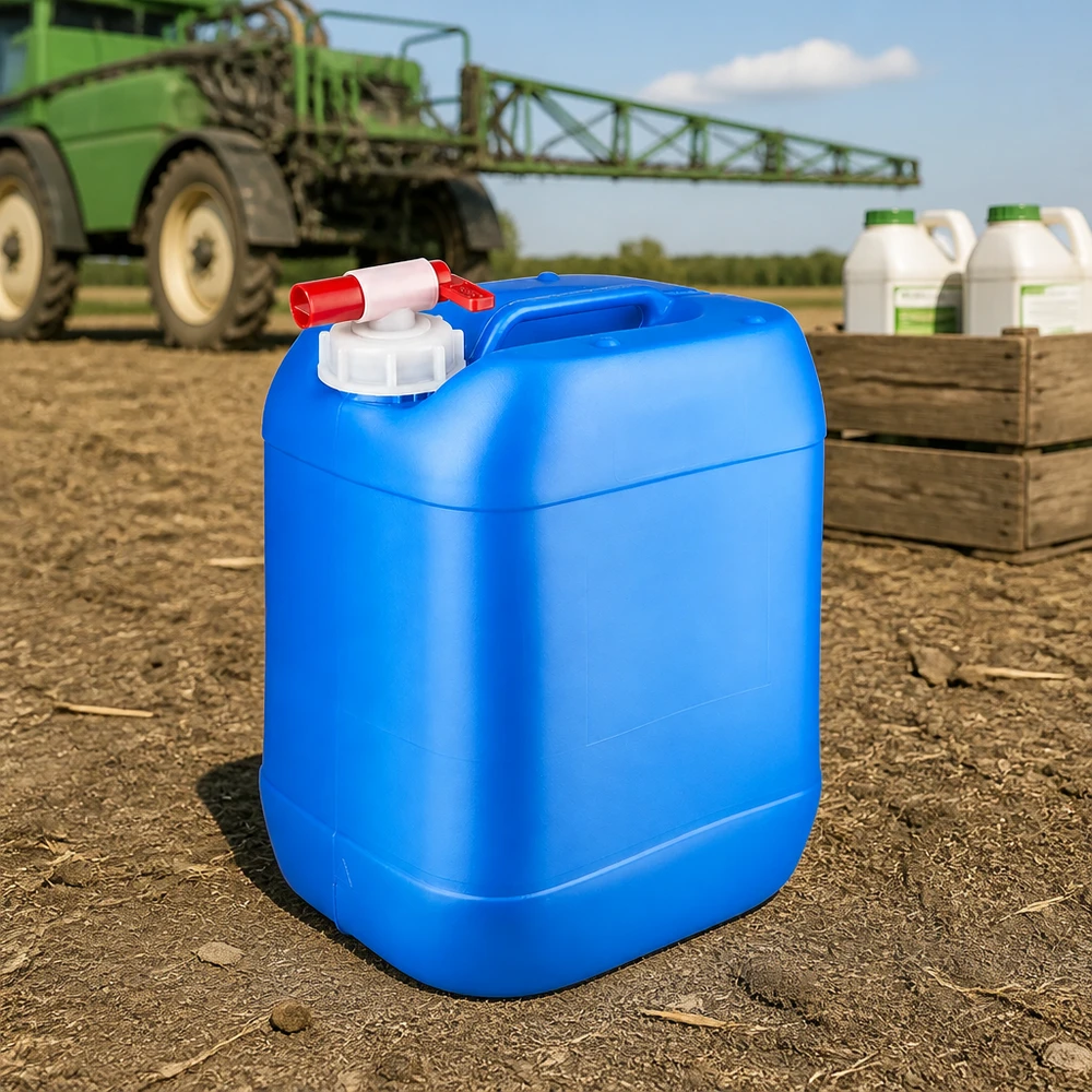 Hellblauer Großkanister 20 Liter mit Sicherheitshahn neben Pflanzenschutzmittelflaschen