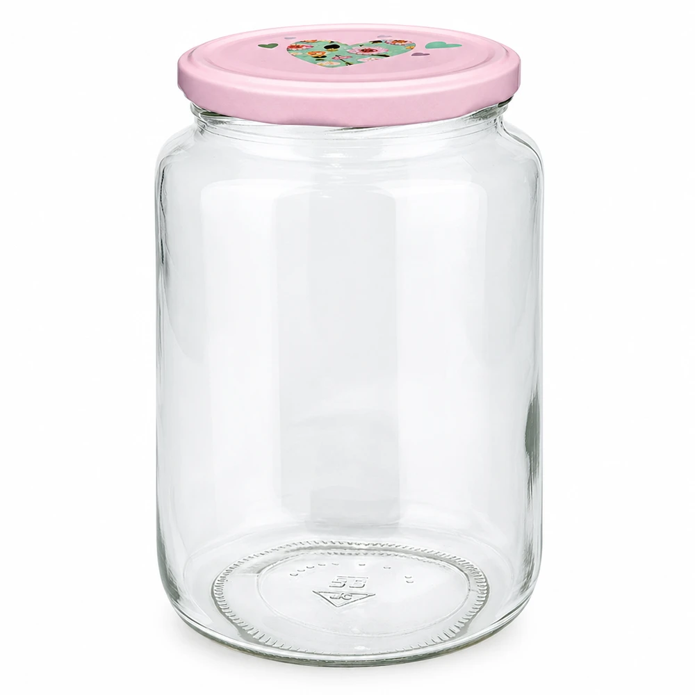 795ml kulatá sklenice + víčko BasicSeal srdíčková růžová UNiTWIST Rundglas 795ml mit rosa BasicSeal Deckel Herz-Motiv Einmachglas Vorratsglas mit Twist-Off Verschluss leer